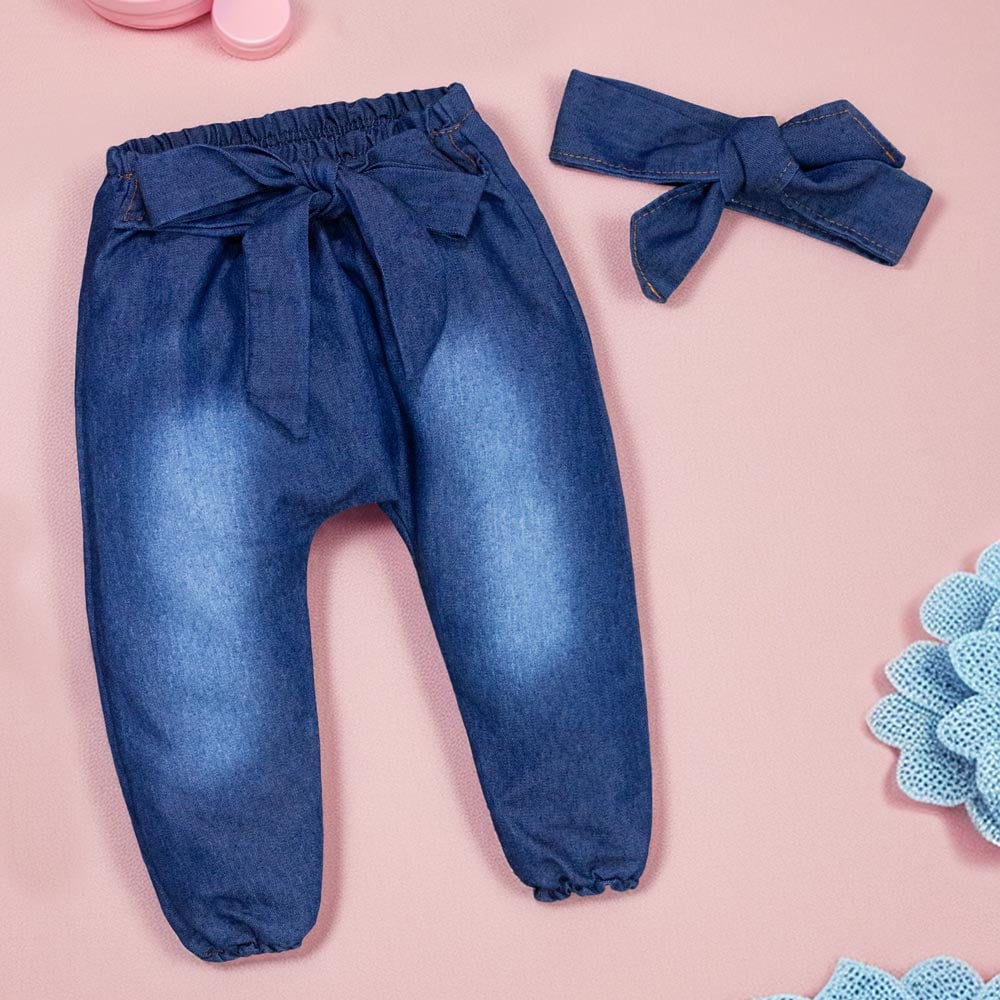 Calça E Faixinha Em Jeans Lavagem Escura Para Bebê Menina