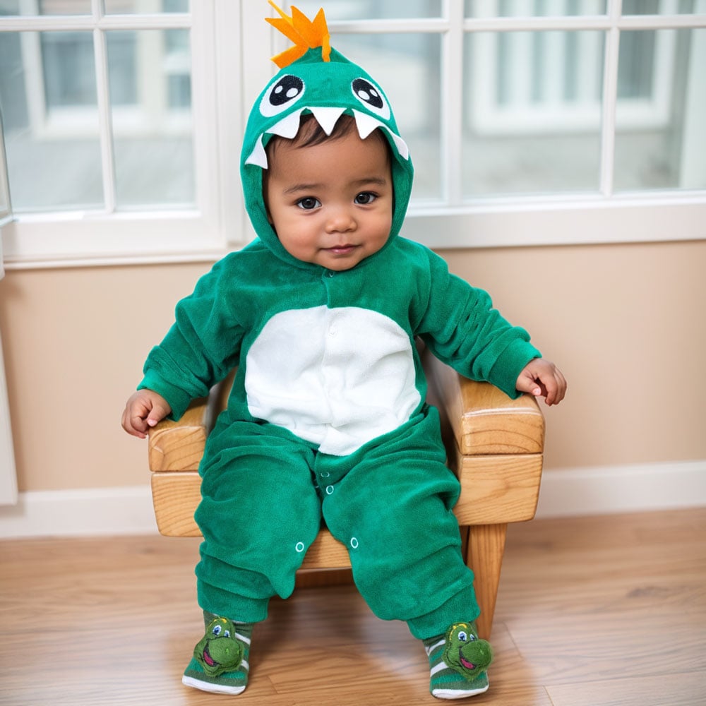Conjunto Dino: Macacão Plush Com Capuz Bordado E Pantufa 3d Interativa
