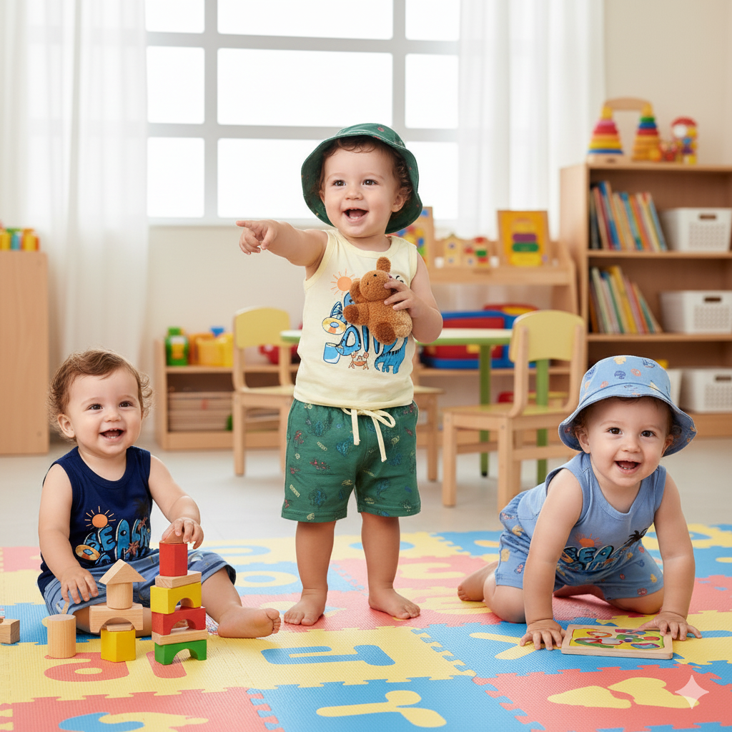 Kit Verão Bebê Regata Estampada, Bermuda E Chapéu Bucket