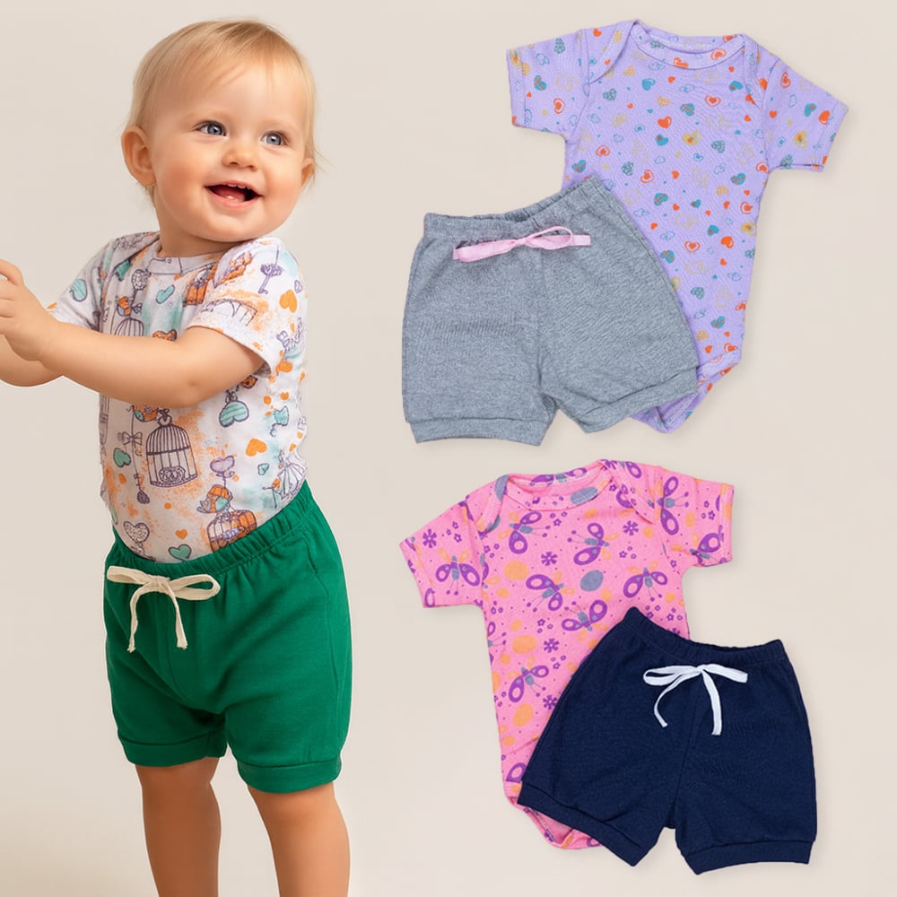 Look Bebê Menina Body Curto E Shorts 100% Algodão