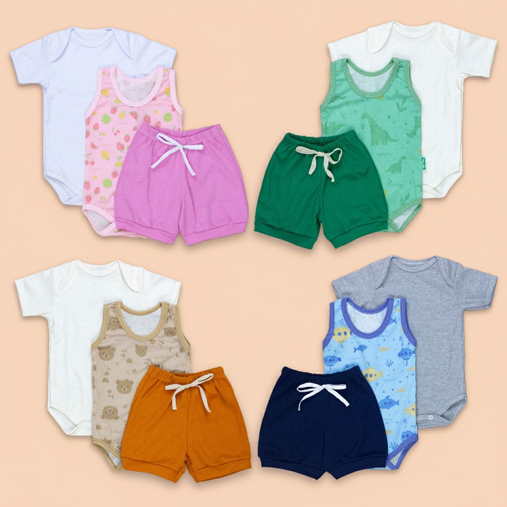 Look Verão Bebê 3 Peças De Body, Regata E Shorts Fresquinhos