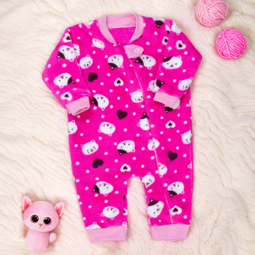 Macacão Bebê Menina Peluciado Gatinha Simpatia Pink