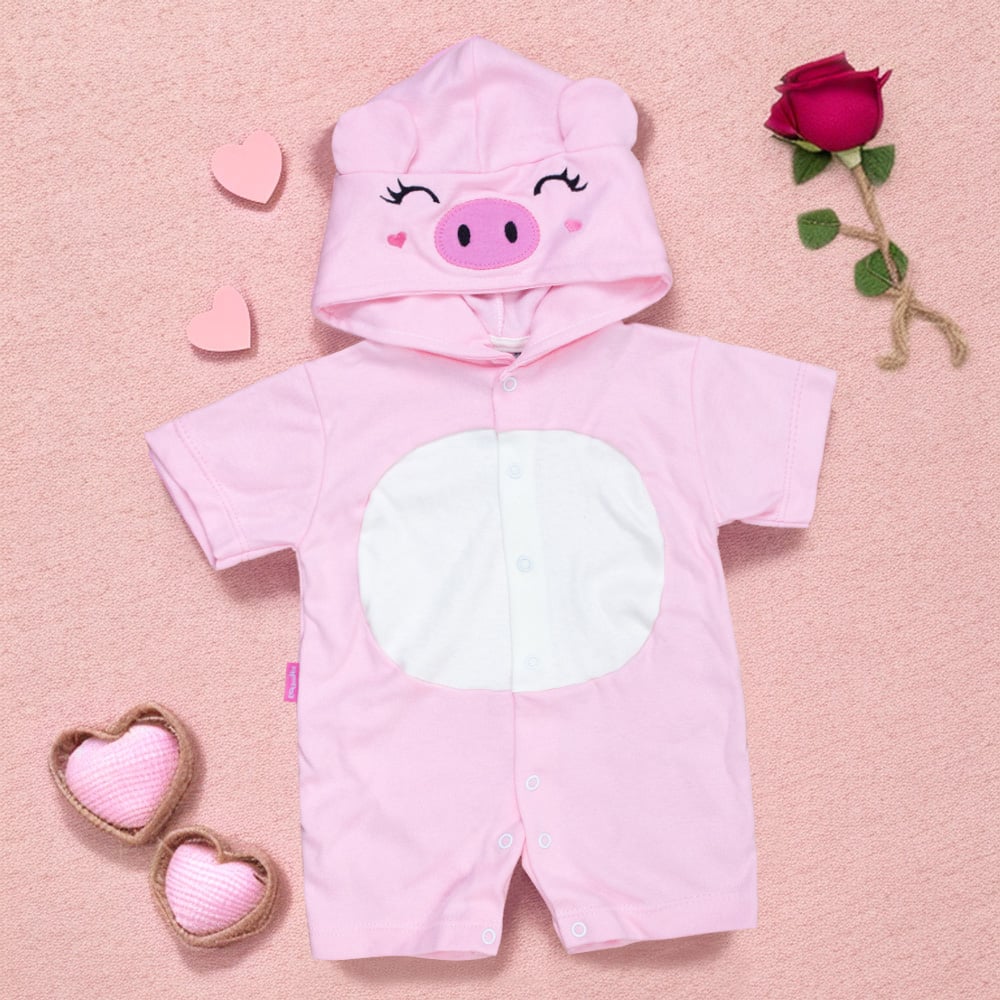 Macacão De Bebê Curto Capuz Bichinho Bordado Porquinha Rosa