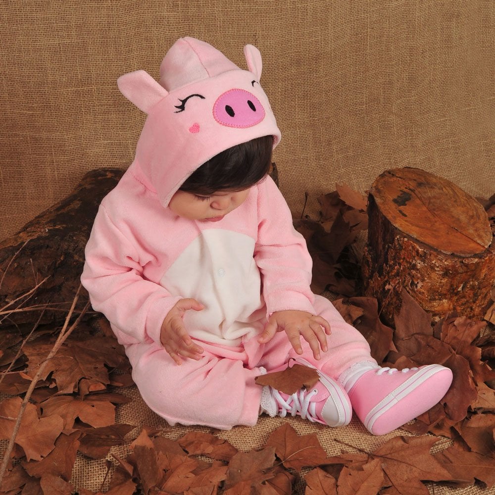 Macacão Para Bebê Em Plush Com Capuz Bordado Pig Rosa Claro