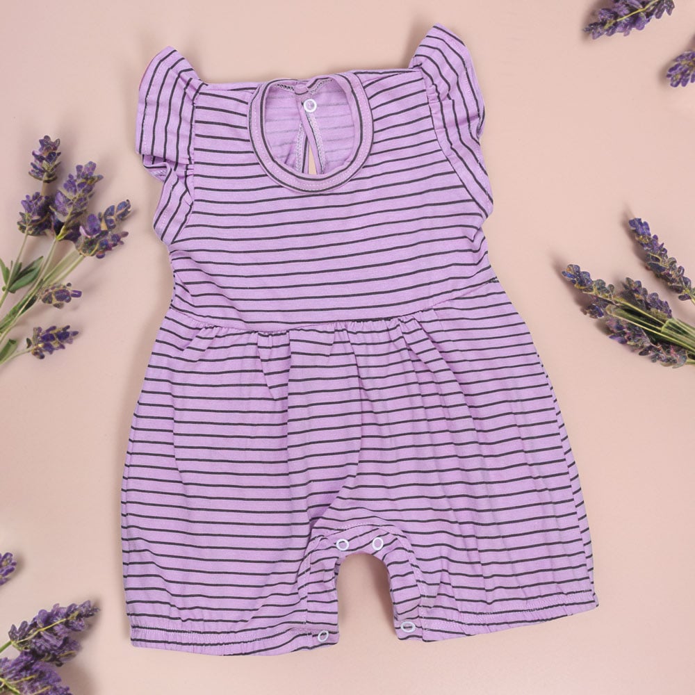 Macacão Verão Com Babado Para Bebê Menina - Violeta Com Listras