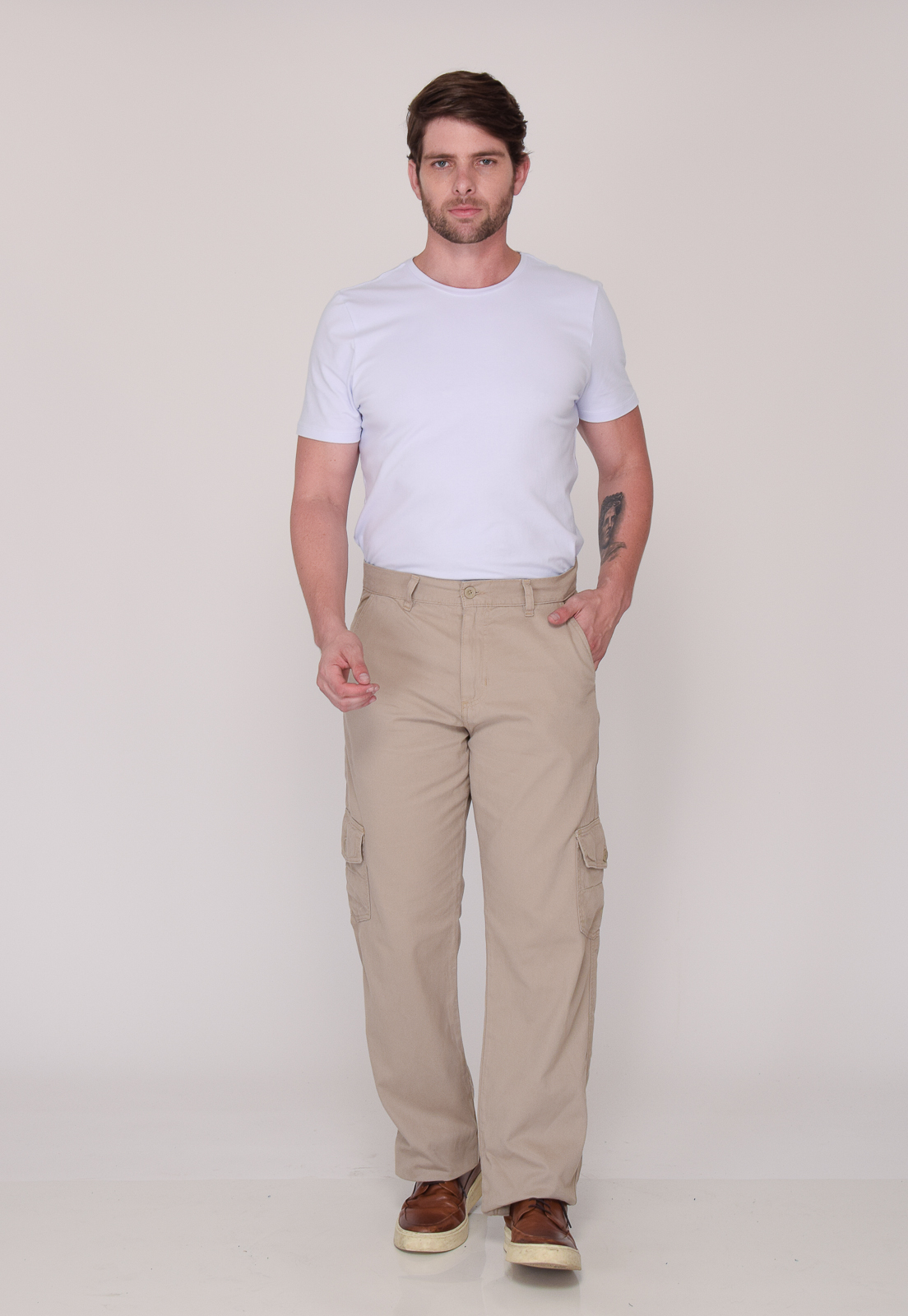 Calça Masculina Cargo em Sarja 7888 Bege Escuro