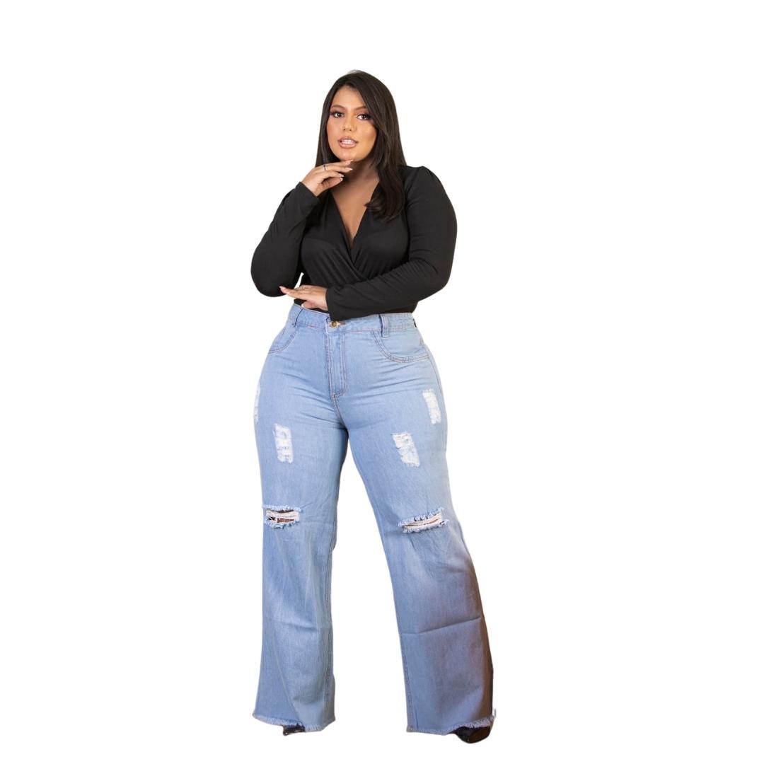 Calça Jeans Wide Leg Plus Size Feminina Destroyed Barra Desfiada -  lojasbesni