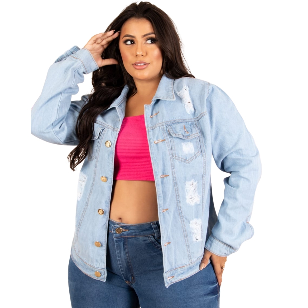 Jaqueta jeans best sale destroyed plus size