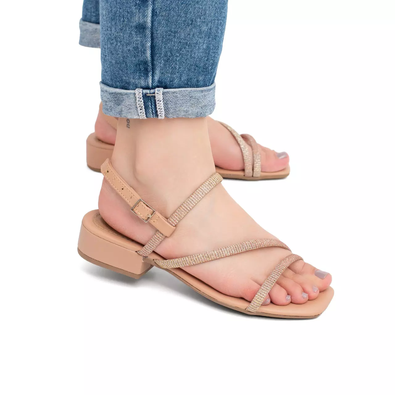 Sandália Feminina Saltinho Baixo com Fivela e Tira com Brilho - A 013 Nude