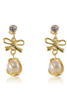 Brinco de Pérola Trabalhada com Zircônia e Laço Banhado em Ouro 18k