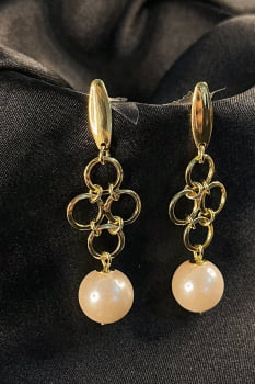 Brinco Grande de Fio com Circulo Dourado e Pérola Banhado em Ouro 18k
