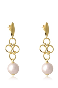 Brinco Grande de Fio com Circulo Dourado e Pérola Banhado em Ouro 18k