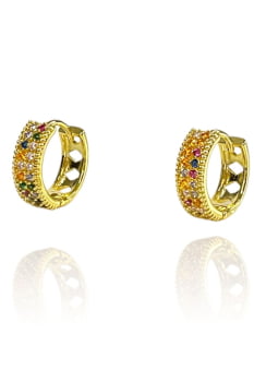 Brinco Argolinha Com Micro Zircônias Coloridas Banhado em Ouro 18k