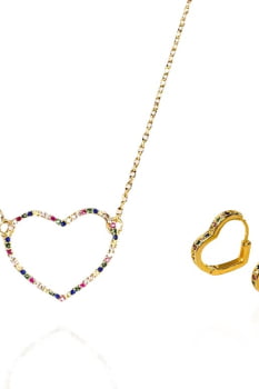 Conjunto de Coração Vazado Cravejado com Zircônias Multicolor Banhado em Ouro 18k