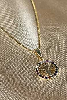 Colar Com Pingente De Circulo Da Árvore Da Vida Com Zircônia Colorida Banhado em Ouro 18k