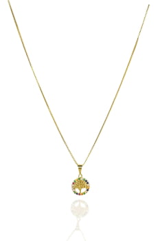 Colar Com Pingente De Circulo Da Árvore Da Vida Com Zircônia Colorida Banhado em Ouro 18k