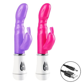 Vibrador Duplo Coelhinho Ponto G Clitóris Usb 16cm Cor:roxo