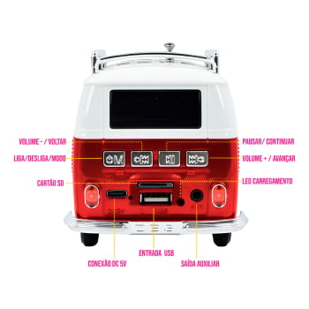 Caixinha de Som Formato Carro Kombi Bluetooth USB Cor:Vermelho