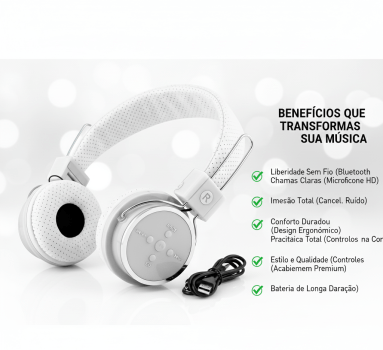 Fone de Ouvido Articulável Bluetooth Microfone Som Cor:Branco