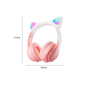 Fone Headset Bluetooth Colorido Com LED Sem Fio Gatinho Cor:Rosa
