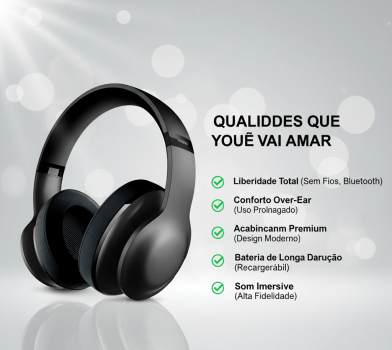 Fone Headset Bluetooth Over-Ear Sem Fio Recarregável