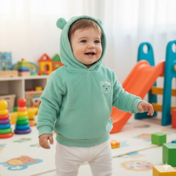 Blusa Plush Com Capuz De Orelhinha E Bordado Ursinho