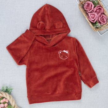 Blusa Plush Com Capuz De Orelhinha E Bordado Ursinho