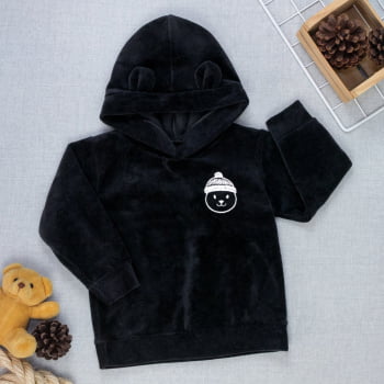 Blusa Plush Com Capuz De Orelhinha E Bordado Ursinho