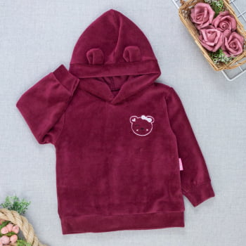 Blusa Plush Com Capuz De Orelhinha E Bordado Ursinho