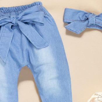 Calça E Faixinha Em Jeans Lavagem Clara Para Bebê Menina