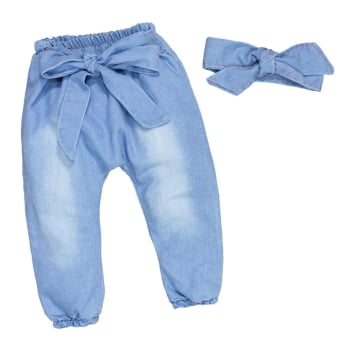 Calça E Faixinha Em Jeans Lavagem Clara Para Bebê Menina