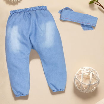 Calça E Faixinha Em Jeans Lavagem Clara Para Bebê Menina