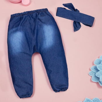 Calça E Faixinha Em Jeans Lavagem Escura Para Bebê Menina