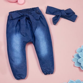 Calça E Faixinha Em Jeans Lavagem Escura Para Bebê Menina