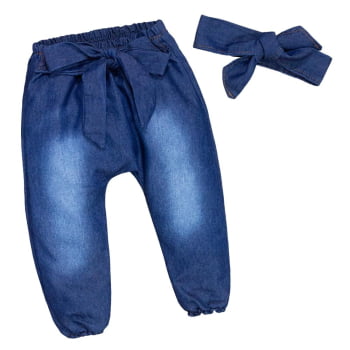 Calça E Faixinha Em Jeans Lavagem Escura Para Bebê Menina
