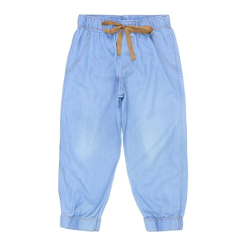 Calça Jogger Infantil Jeans Azul Claro Com Detalhe Caramelo