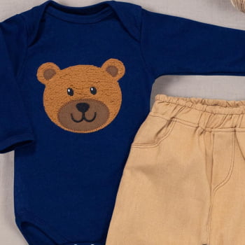 Conjunto Bebê Body Bordado Urso Marinho Com Calça Ecolinho