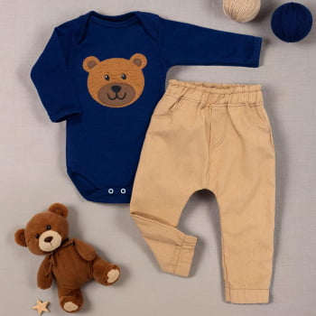 Conjunto Bebê Body Bordado Urso Marinho Com Calça Ecolinho