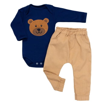 Conjunto Bebê Body Bordado Urso Marinho Com Calça Ecolinho