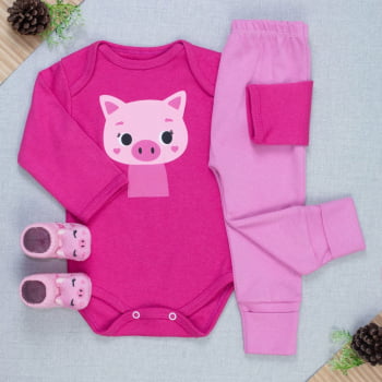 Conjunto Bebê Completo Body Manga Longa, Calça Pé Reversível E Pantufa