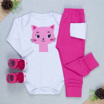 Conjunto Bebê Completo Body Manga Longa, Calça Pé Reversível E Pantufa
