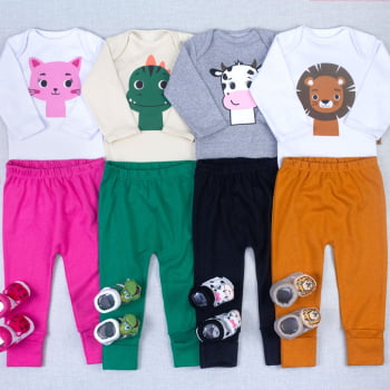Conjunto Bebê Completo Body Manga Longa, Calça Pé Reversível E Pantufa