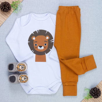 Conjunto Bebê Completo Body Manga Longa, Calça Pé Reversível E Pantufa