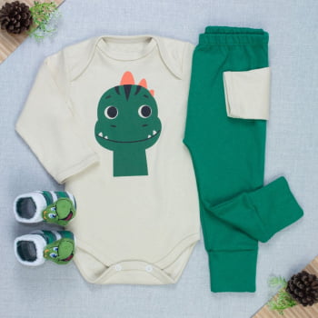 Conjunto Bebê Completo Body Manga Longa, Calça Pé Reversível E Pantufa