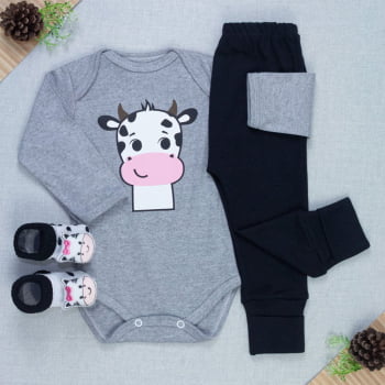 Conjunto Bebê Completo Body Manga Longa, Calça Pé Reversível E Pantufa