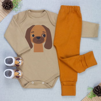 Conjunto Bebê Completo Body Manga Longa, Calça Pé Reversível E Pantufa