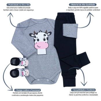 Conjunto Bebê Completo Body Manga Longa, Calça Pé Reversível E Pantufa