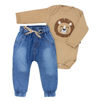Conjunto Bebê Leãozinho Body Bege Avelã E Calça Jeans Jogger