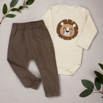 Conjunto Bebê Rei Das Selvas: Body Bege Suave E Calça Ecolinho
