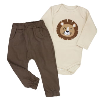 Conjunto Bebê Rei Das Selvas: Body Bege Suave E Calça Ecolinho